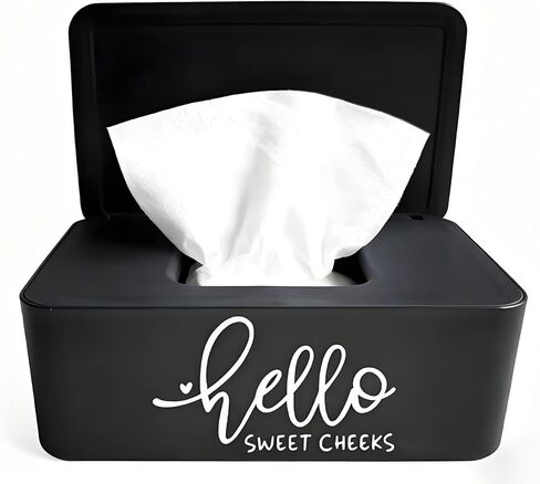 Hello Sweet Cheeks Baby Wipes Dispenser for Bathroom 7.28" L x 4.80" W x 2.75" H Refillable Flushable Wipes Container Holder with Sealing Design Lid (Black) in Kuwait