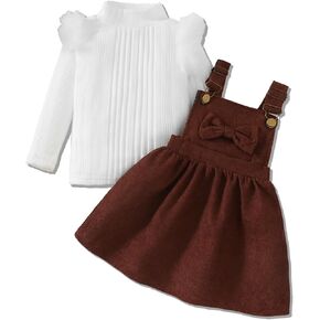 فستان قصير للفتيات الصغيرات من Little Princess مع فيونكة وتي شيرت أبيض بأكمام طويلة ومجموعة ملابس لحفلات العطلات للأطفال الصغار in Kuwait