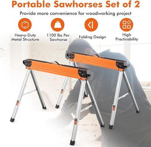 IRONMAX Saw Horses 2 حزمة قابلة للطي، خيول عمل فولاذية شديدة التحمل مع أوتاد قابلة للطي وأذرع دعم 2 × 4، مجموعة محمولة بسعة 2200 رطل مكونة من 2 منشار مع أرجل مفتوحة سريعة للأعمال الخشبية in Kuwait
