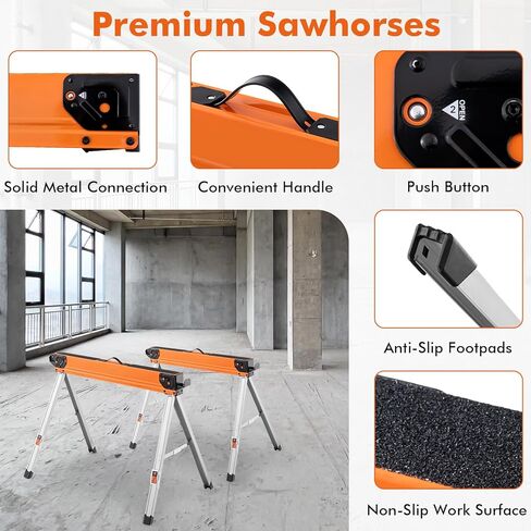 IRONMAX Saw Horses 2 حزمة قابلة للطي، خيول عمل فولاذية شديدة التحمل مع أوتاد قابلة للطي وأذرع دعم 2 × 4، مجموعة محمولة بسعة 2200 رطل مكونة من 2 منشار مع أرجل مفتوحة سريعة للأعمال الخشبية in Kuwait
