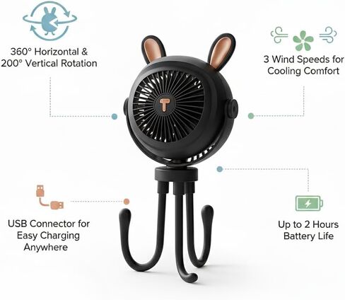 Stroller Fan for Baby with LED Light – Portable Clip-On Fan with Flexible Tripod Legs, USB Rechargeable, 3 Speeds, 120 Minutes Battery Life, Quiet Cooling for Travel, Nursery & Car Seat in Saudi Arabia