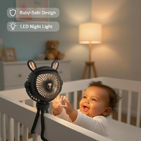 Stroller Fan for Baby with LED Light – Portable Clip-On Fan with Flexible Tripod Legs, USB Rechargeable, 3 Speeds, 120 Minutes Battery Life, Quiet Cooling for Travel, Nursery & Car Seat in Saudi Arabia
