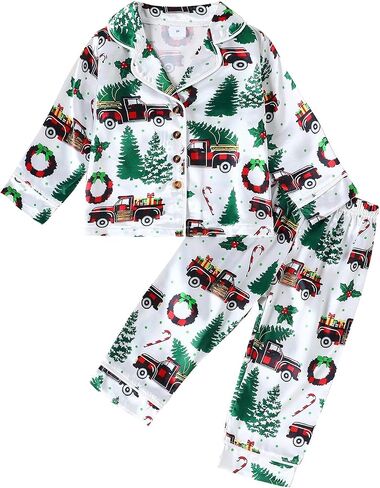 fyclemt Toddler Baby Boys Girls Silk Pajamas Set Christmas Tree Santa Button Down Shirts Pants Pjs Satin nightgown Sleepwear in Kuwait