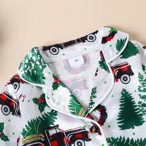 fyclemt Toddler Baby Boys Girls Silk Pajamas Set Christmas Tree Santa Button Down Shirts Pants Pjs Satin nightgown Sleepwear in Kuwait