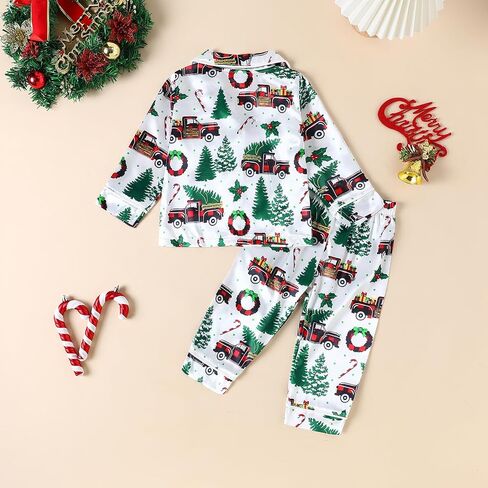 fyclemt Toddler Baby Boys Girls Silk Pajamas Set Christmas Tree Santa Button Down Shirts Pants Pjs Satin nightgown Sleepwear in Kuwait