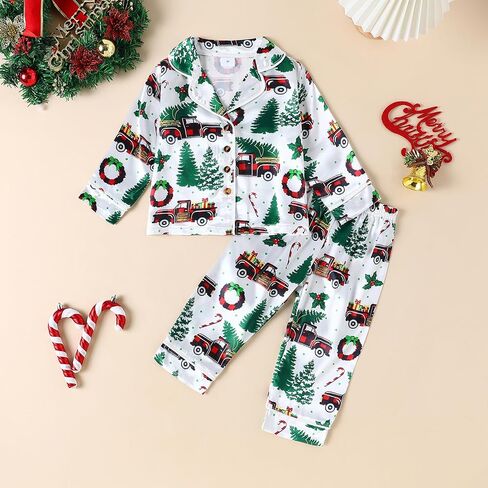 fyclemt Toddler Baby Boys Girls Silk Pajamas Set Christmas Tree Santa Button Down Shirts Pants Pjs Satin nightgown Sleepwear in Kuwait