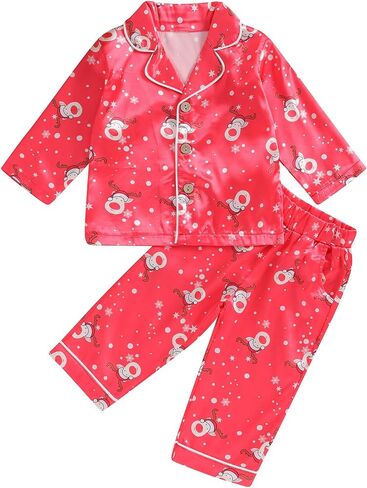 fyclemt Toddler Baby Boys Girls Silk Pajamas Set Christmas Tree Santa Button Down Shirts Pants Pjs Satin nightgown Sleepwear in Kuwait