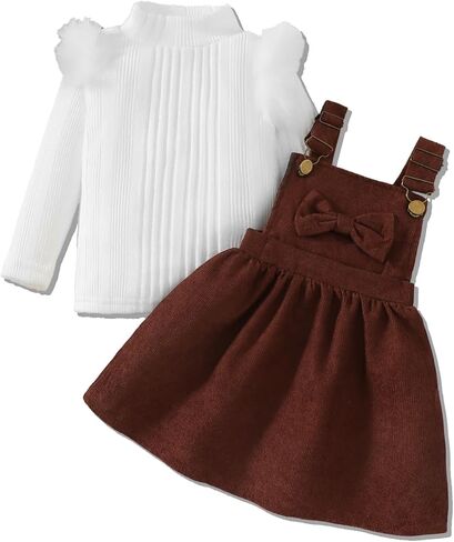 Little Princess Girls Corduroy Overall Dress with Bow and White Long Sleeve T-Shirt Set Toddler Holiday Party Outfit in Saudi Arabia