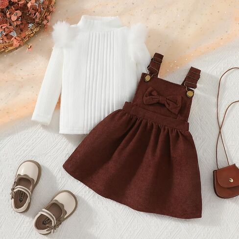 Little Princess Girls Corduroy Overall Dress with Bow and White Long Sleeve T-Shirt Set Toddler Holiday Party Outfit in Saudi Arabia