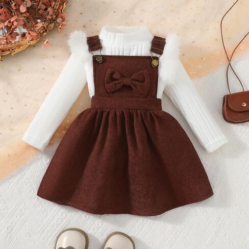 Little Princess Girls Corduroy Overall Dress with Bow and White Long Sleeve T-Shirt Set Toddler Holiday Party Outfit in Saudi Arabia
