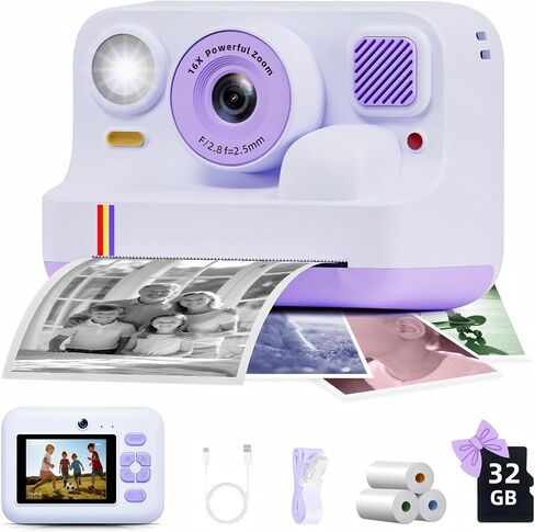 Instant Print Camera for Kids, Christmas Birthday Gifts for Girls Boys Age 3-15, 1080P Selfie Portable Digital Video Camera with 32GB SD Card, 3-Colored Print Paper- White in Saudi Arabia
