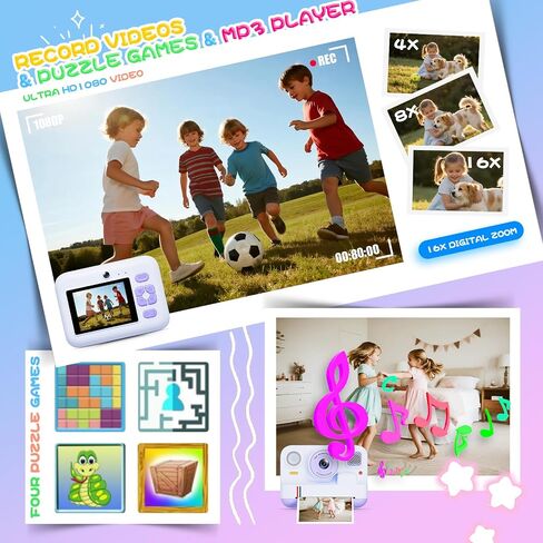 Instant Print Camera for Kids, Christmas Birthday Gifts for Girls Boys Age 3-15, 1080P Selfie Portable Digital Video Camera with 32GB SD Card, 3-Colored Print Paper- White in Saudi Arabia