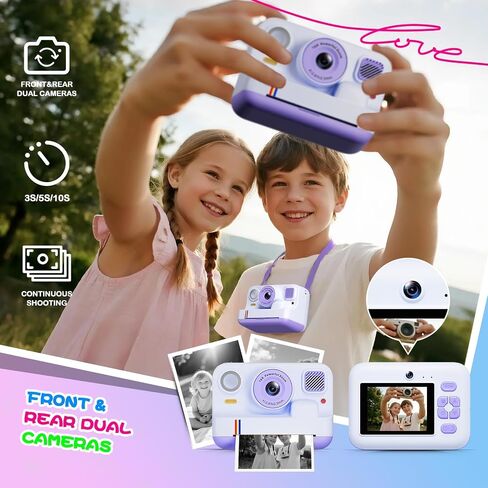 Instant Print Camera for Kids, Christmas Birthday Gifts for Girls Boys Age 3-15, 1080P Selfie Portable Digital Video Camera with 32GB SD Card, 3-Colored Print Paper- White in Saudi Arabia