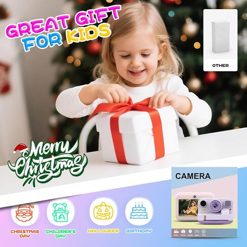 Instant Print Camera for Kids, Christmas Birthday Gifts for Girls Boys Age 3-15, 1080P Selfie Portable Digital Video Camera with 32GB SD Card, 3-Colored Print Paper- White in Saudi Arabia
