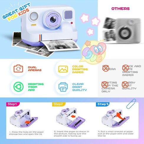 Instant Print Camera for Kids, Christmas Birthday Gifts for Girls Boys Age 3-15, 1080P Selfie Portable Digital Video Camera with 32GB SD Card, 3-Colored Print Paper- White in Saudi Arabia