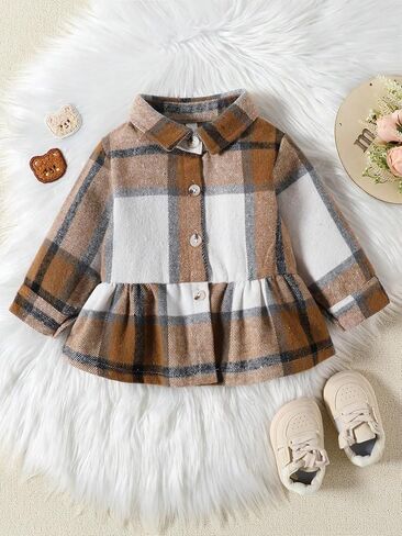 Toddler & Kids' Long Sleeve Stand Collar Jacket - Solid Base with Plaid Print for Outings in Saudi Arabia