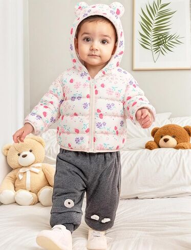 Happy Cherry Infant Baby Cute Cartoon Prints Winter Jacket Bear Ear Hood Warm Puffer Coat 6M-4T in Saudi Arabia