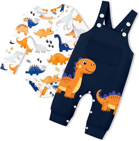 BAVADER Baby Boy Clothes Infant Dinosaur Romper Overalls 2PCS Clothing Set | Infant Boy Clothes Long Sleeve Baby Bodysuit Adjustable Overalls Baby Boys' Clothing Sets Dinosaur Fall Winter Outfits in Saudi Arabia