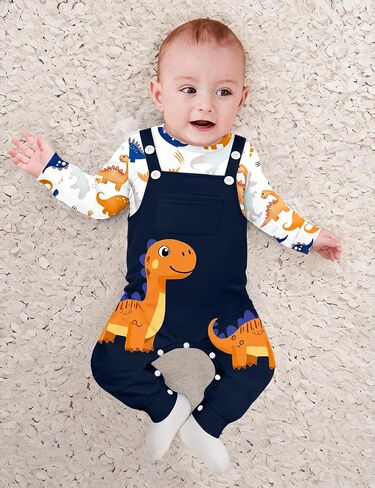 BAVADER Baby Boy Clothes Infant Dinosaur Romper Overalls 2PCS Clothing Set | Infant Boy Clothes Long Sleeve Baby Bodysuit Adjustable Overalls Baby Boys' Clothing Sets Dinosaur Fall Winter Outfits in Saudi Arabia
