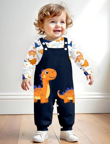 BAVADER Baby Boy Clothes Infant Dinosaur Romper Overalls 2PCS Clothing Set | Infant Boy Clothes Long Sleeve Baby Bodysuit Adjustable Overalls Baby Boys' Clothing Sets Dinosaur Fall Winter Outfits in Saudi Arabia