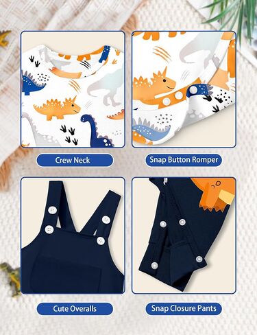 BAVADER Baby Boy Clothes Infant Dinosaur Romper Overalls 2PCS Clothing Set | Infant Boy Clothes Long Sleeve Baby Bodysuit Adjustable Overalls Baby Boys' Clothing Sets Dinosaur Fall Winter Outfits in Saudi Arabia