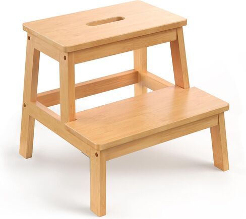 Bamboo 2 Step Stool for Kids & Adults, Wooden Kids Step Stool for Bathroom & Kitchen, Bed Steps for High Beds, Portable with Handle, Non-Slip & 350 Ibs Capacity in Saudi Arabia
