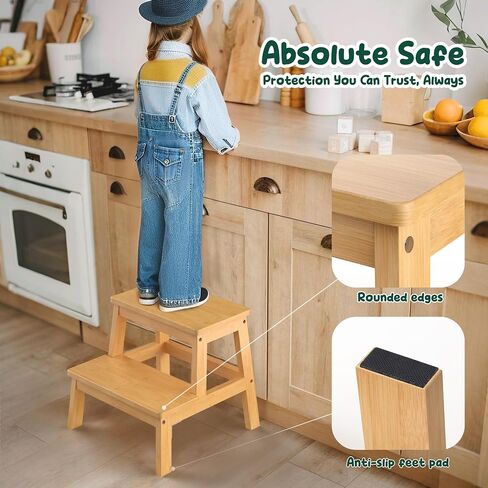 Bamboo 2 Step Stool for Kids & Adults, Wooden Kids Step Stool for Bathroom & Kitchen, Bed Steps for High Beds, Portable with Handle, Non-Slip & 350 Ibs Capacity in Saudi Arabia