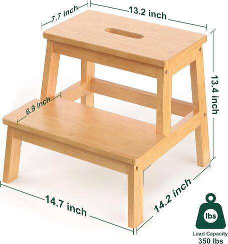 Bamboo 2 Step Stool for Kids & Adults, Wooden Kids Step Stool for Bathroom & Kitchen, Bed Steps for High Beds, Portable with Handle, Non-Slip & 350 Ibs Capacity in Saudi Arabia