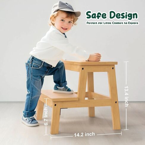 Bamboo 2 Step Stool for Kids & Adults, Wooden Kids Step Stool for Bathroom & Kitchen, Bed Steps for High Beds, Portable with Handle, Non-Slip & 350 Ibs Capacity in Saudi Arabia