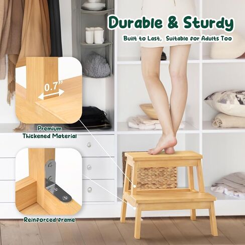 Bamboo 2 Step Stool for Kids & Adults, Wooden Kids Step Stool for Bathroom & Kitchen, Bed Steps for High Beds, Portable with Handle, Non-Slip & 350 Ibs Capacity in Saudi Arabia