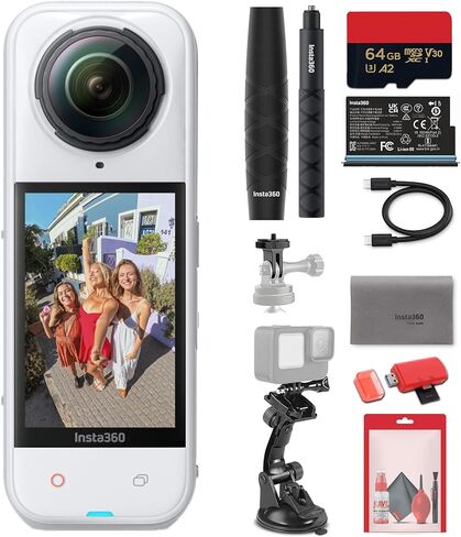 Insta360 X5 8K 360 Waterproof Action Camera (White) | 1/1.28" Sensors, Replaceable Lenses, PureVideo AI, 185-Min Battery Life (CINSAAHA_X532) + Invisible Selfie Stick + 50-in-1 Accessory Kit + More in Saudi Arabia