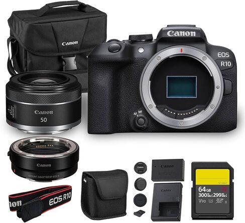 كاميرا Canon EOS R10 بدون مرآة، مستشعر APS-C بدقة 24.2 ميجابكسل، فيديو 4K، بكسل مزدوج AF، كاميرا سفر مدمجة خفيفة الوزن لتدوين الفيديو (5331C002) + عدسة RF مقاس 75-300 مم من Canon + محول EF-EOS R + بطاقة سعة 64 جيجابايت + حقيبة in Kuwait