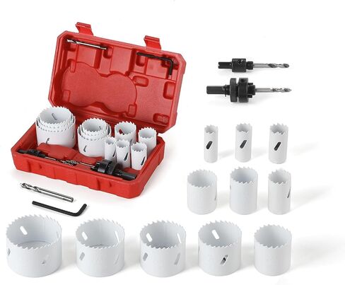 Hole Saw Kit, 17 Piece Sets- Includes 11 Saw Blades (3/4" to 2-1/2"), 2 Arbors, 3 Pilot Drill Bits, and 1 Hex Wrench. Ideal for Cutting Metal, Wood, PVC, Plastic, and Drywall in Saudi Arabia
