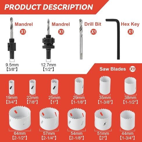 Hole Saw Kit, 17 Piece Sets- Includes 11 Saw Blades (3/4" to 2-1/2"), 2 Arbors, 3 Pilot Drill Bits, and 1 Hex Wrench. Ideal for Cutting Metal, Wood, PVC, Plastic, and Drywall in Saudi Arabia