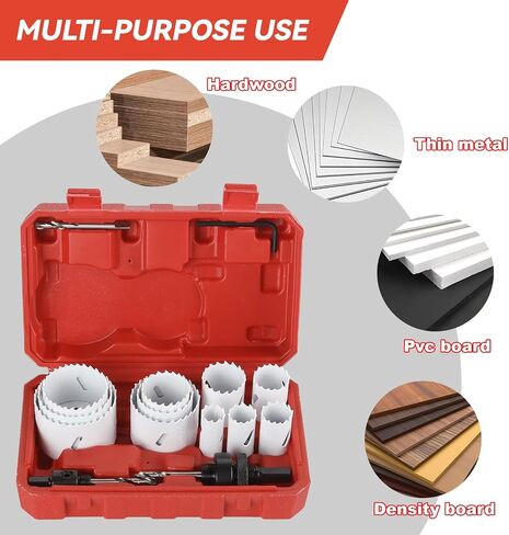 Hole Saw Kit, 17 Piece Sets- Includes 11 Saw Blades (3/4" to 2-1/2"), 2 Arbors, 3 Pilot Drill Bits, and 1 Hex Wrench. Ideal for Cutting Metal, Wood, PVC, Plastic, and Drywall in Saudi Arabia