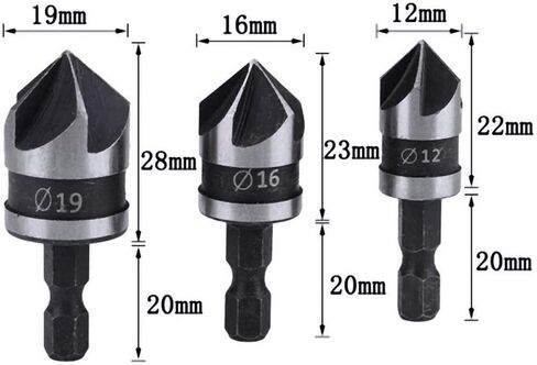 3 pcs 4 Inch Hex Shank Countersink Drill, Bit Hex Shank 5 Flute 90 Degree Chamfering Counter Sinker Wood Drill Bits Set 12mm/16mm/19mm in Saudi Arabia