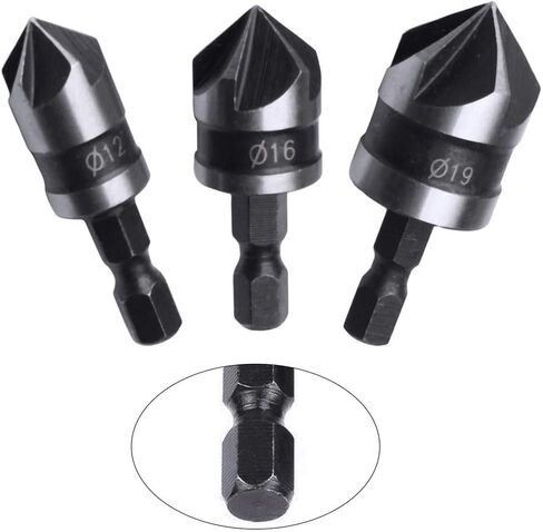 3 pcs 4 Inch Hex Shank Countersink Drill, Bit Hex Shank 5 Flute 90 Degree Chamfering Counter Sinker Wood Drill Bits Set 12mm/16mm/19mm in Saudi Arabia