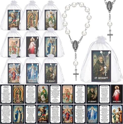 30 حزمة الهدايا الدينية الكاثوليكية مجموعة مسبحة السيارة لمرآة الرؤية الخلفية الأبيض الكاثوليكية شنقا قلادة وبطاقة الصلاة القديسين الصلاة حبة المسبحة الخرز سوار أول بالتواصل هدايا المعمودية in Saudi Arabia