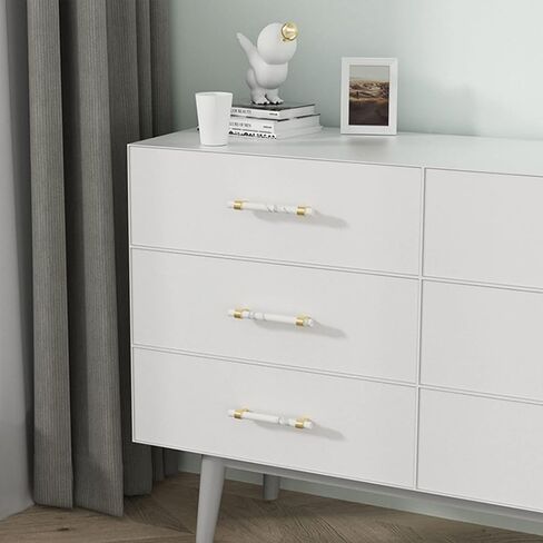 A Pair of Cabinet Handles High-end Furniture Handles Natural Marble + Brass Hole Spacing Can Be Adjusted-17CM-white(White,17CM) in Saudi Arabia