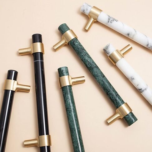 A Pair of Cabinet Handles High-end Furniture Handles Natural Marble + Brass Hole Spacing Can Be Adjusted-17CM-white(White,17CM) in Saudi Arabia