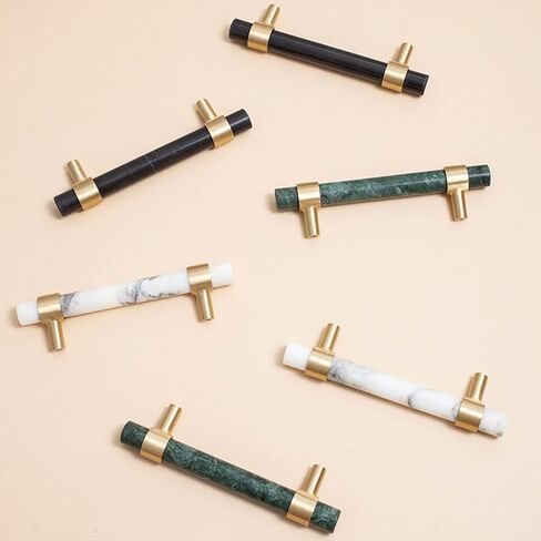 A Pair of Cabinet Handles High-end Furniture Handles Natural Marble + Brass Hole Spacing Can Be Adjusted-17CM-white(White,17CM) in Saudi Arabia