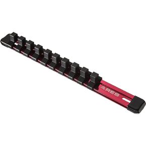 ARES 60075-1/4-Inch Red 9.84-Inch Socket Organizer - Aluminum Rail Stores up to 10 Sockets and Keeps Your Tool Box Organized