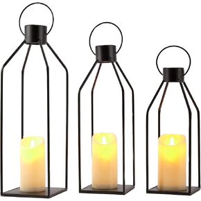 2 Pcs Black Metal Candle Lanterns Decorative,Modern Farmhouse Lantern Decor with 2 Realistic Flickering Candles,Rustic Candle Holder for Indoor,Outdoor,Tabletop,Porch