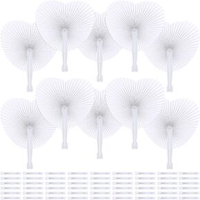 Aodaer 100 Pack Heart Shaped Folding Fans White Paper Fans Handheld Fans with Plastic Handles for Party, Wedding, Anniversary Decoration