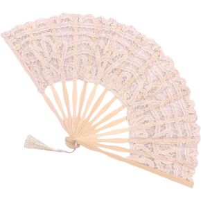 Folding Hand Fan,Womens Lace Fan Elegant Cotton Fan Handmade Vintage Retro Fan with Bamboo Staves and Silk Tassels for Wedding Bridal Shower Dancing Party