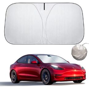 Upgraded Sunshade for Tesla Model 3/Y Windshield, Reinforced Metal Frame Advanced UV Protection Fabric, Full-Size Foldable Front Sun Shade, Professional Accessories to Protect Interier & Keep Cooling