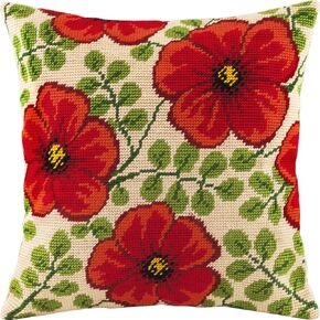 Brvsk Floral Stamped Cross-Stitch Kit for Adults and Beginners — Red Flowers 16″ × 16″ with Clear, Precise Printed Design on Cotton Canvas; Includes 2 Needles, Yarn, and Easy-Read Chart