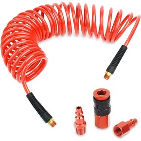 BLCH Coiled Air Hose Coil - Recoil 1/4" Inner Diameter by 25' Long with Bend Restrictors Air Compressor Hose with 1/4" Industrial Universal Quick Coupler and I/M Plug Kit, Red