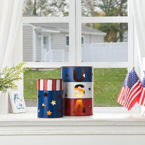 Glitzhome Set of 2 American Metal Decorative Lanterns for Americana Decorations USA Flag Patriotic Table Decor Standing or Hanging Red White and Blue Bucket Lantern Farmhouse 4th of July Memorial Day