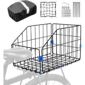 ANZOME Folding Rear Bike Basket with Bicycle Basket Liner and Adjustable Cargo Net, Waterproof Metal Bike Basket for Most Rear Mounted Bike Rack, Large Space Folding Bike Basket Rear